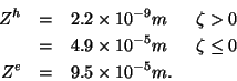 \begin{eqnarray*}
Z^h &=& 2.2 \times 10^{-9} m     \zeta > 0 \\
&=& 4.9 \times 10^{-5} m     \zeta \leq 0 \\
Z^e &=& 9.5 \times 10^{-5} m.
\end{eqnarray*}